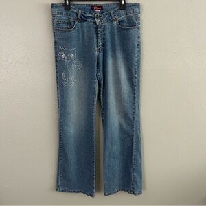 VTG D. Jeans Rhinestone Embellished Kitten Cat Sz 9/10 Y2K Bedazzled Baggy Denim